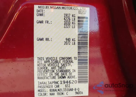 2017 Nissan Altima 2.5 Sv z USA, uszkodzony, nr VIN 1N4AL3AP9HC194620